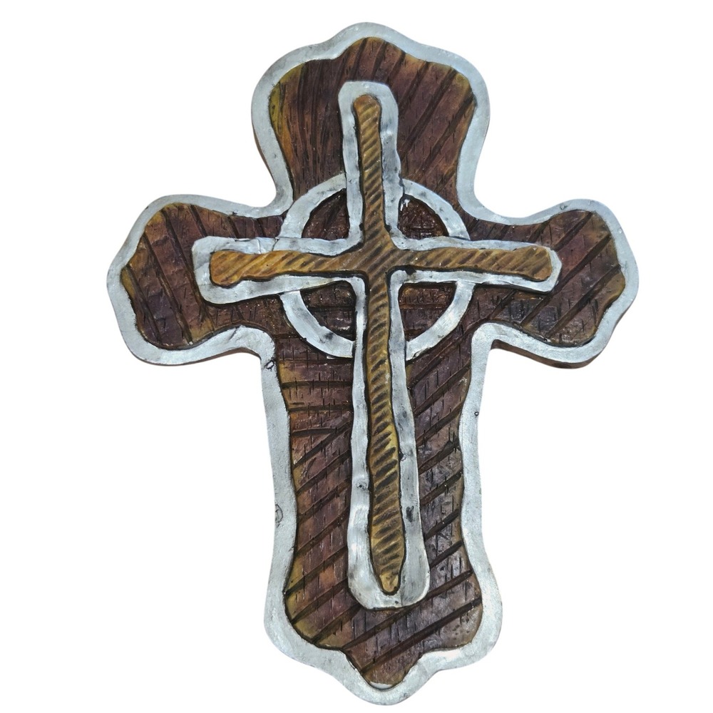 Rustic Wall Cross Religious imprinted clay Wood look Silver Celtic Layered 6"